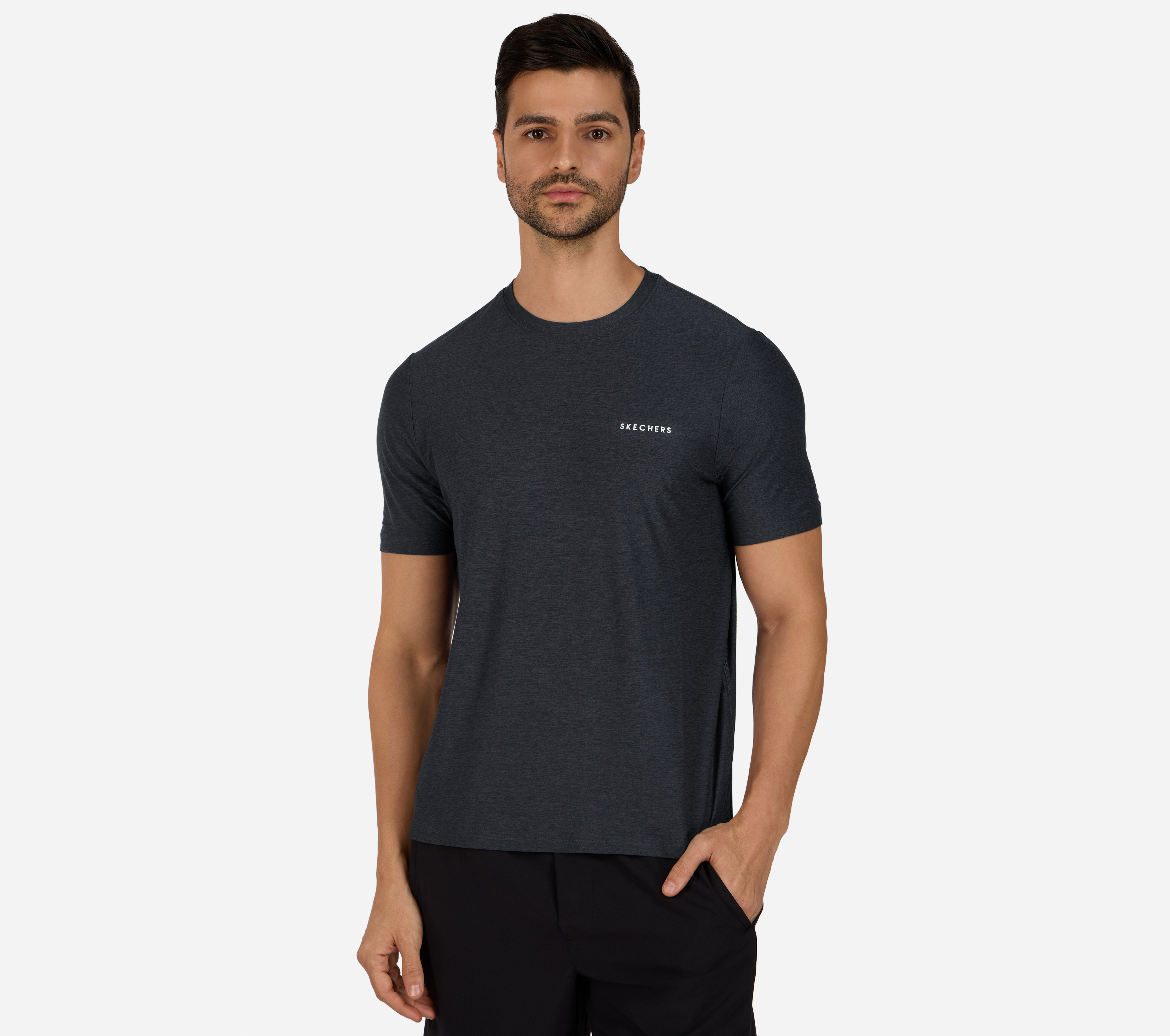 GODRI ALL DAY OUTPACE T-SHIRT, CHARCOAL/NAVY Apparel Lateral View