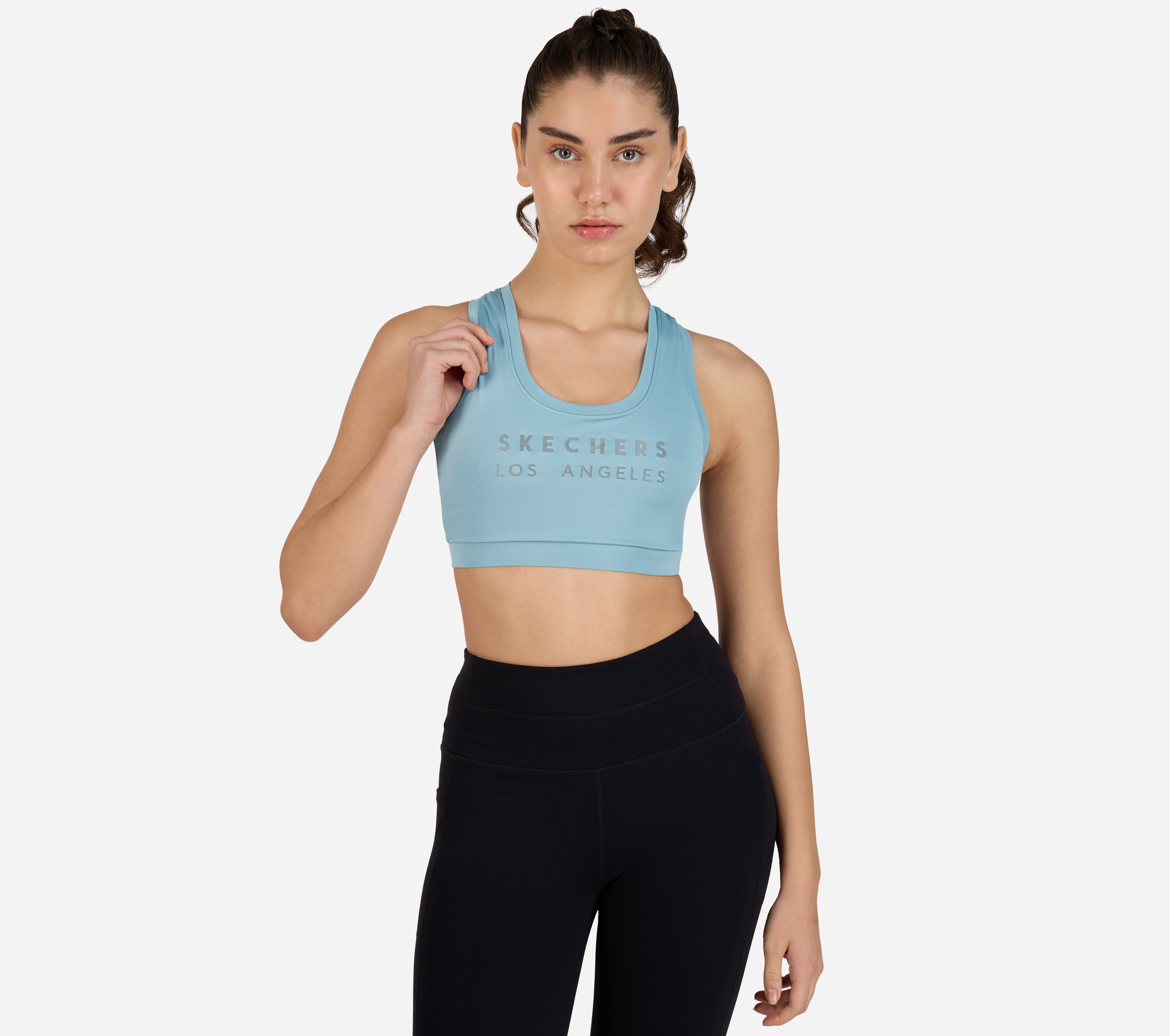 RACERBACK SPORTSBRA, LIGHT GREY/BLUE Apparel Lateral View