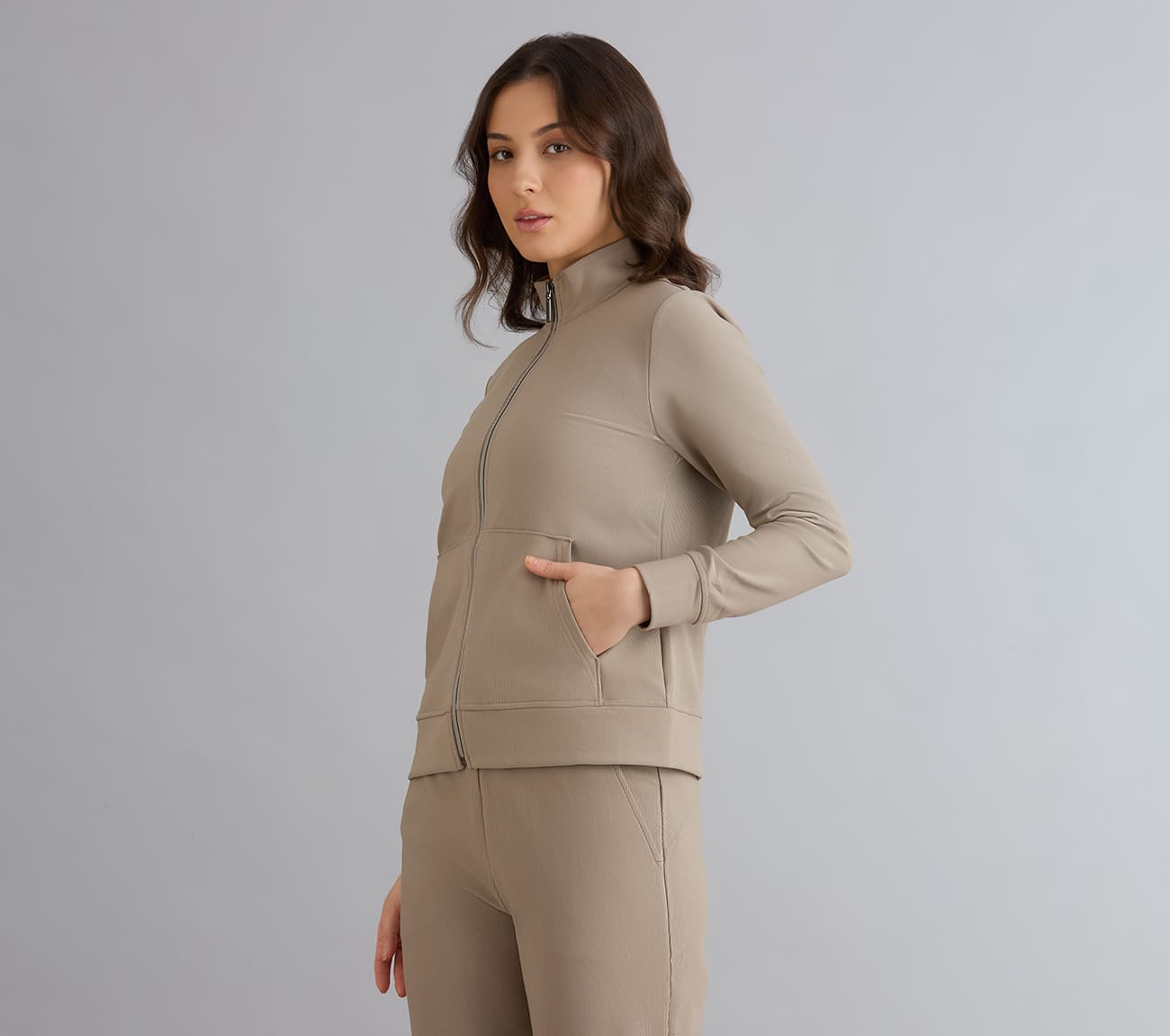 GOLUXE RIB FZ JACKET, TAUPE/BROWN