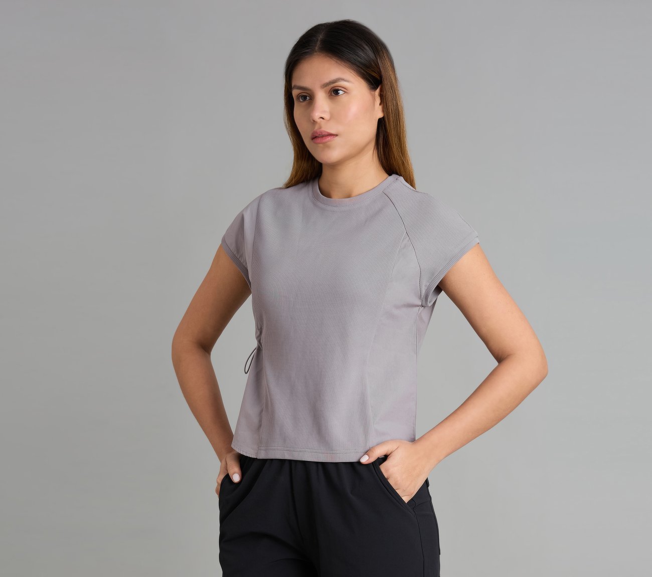 WAFFLE KNIT POPLIN T-SHIRT, CHARCOAL/LT. GRAY
