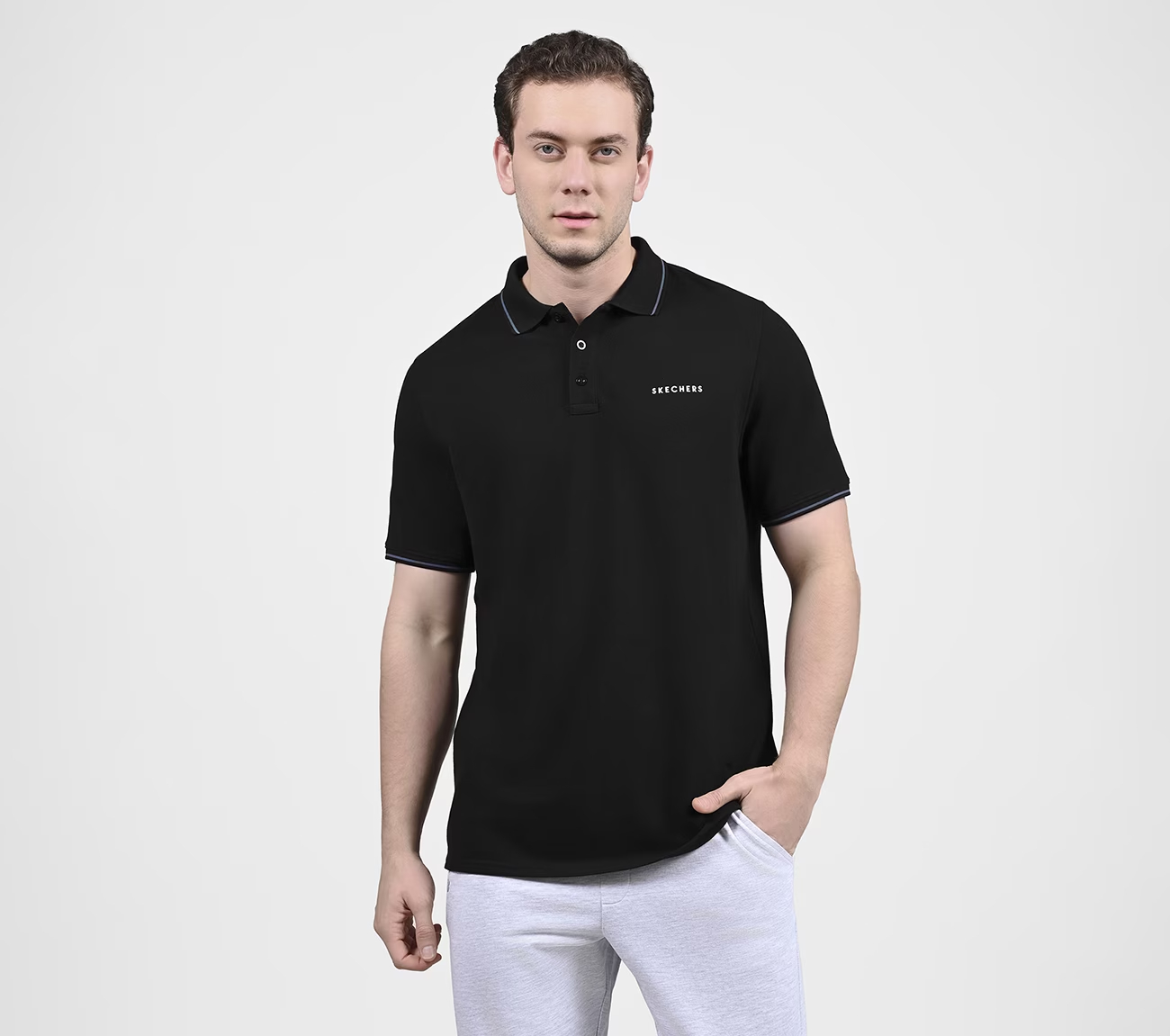 SKECHERS EVERYDAY POLO, BLACK/CHARCOAL/BLUE Apparels Lateral View