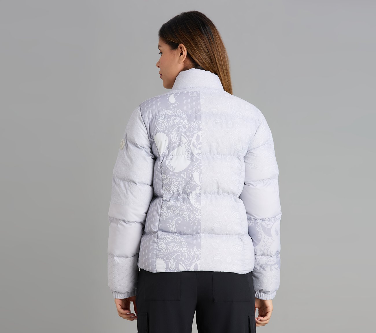 PAISLEY PRINT PUFFER JACKET, GRAY/WHITE/ORANGE