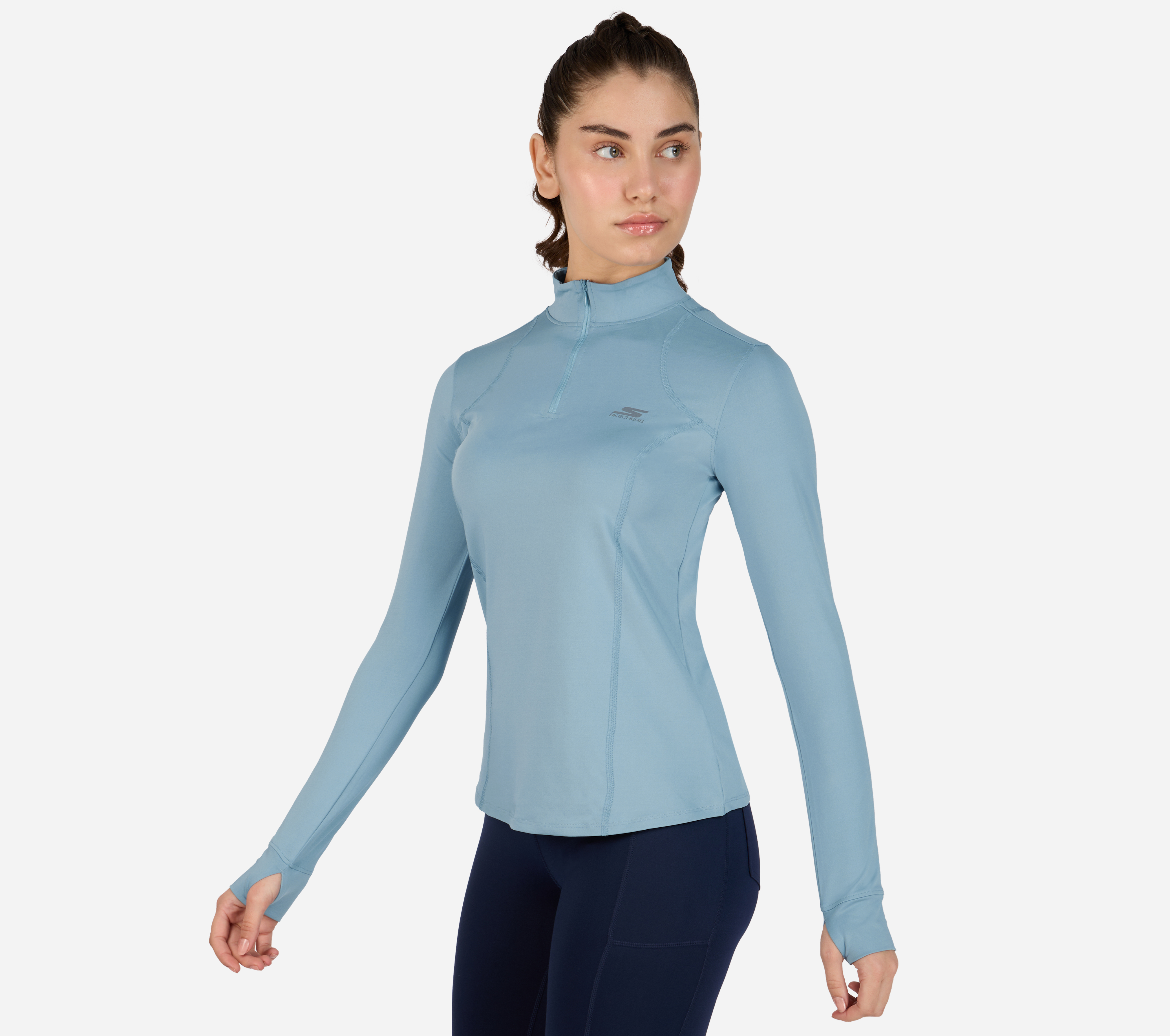 LONG SLEEVE TOP- 1/4 ZIP, LIGHT GREY/BLUE Apparel Top View