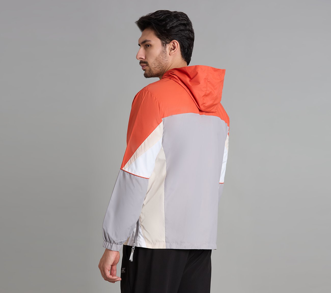 COLORED PANEL HOODED WINDBREAKER, CHARCOAL/LT. GRAY