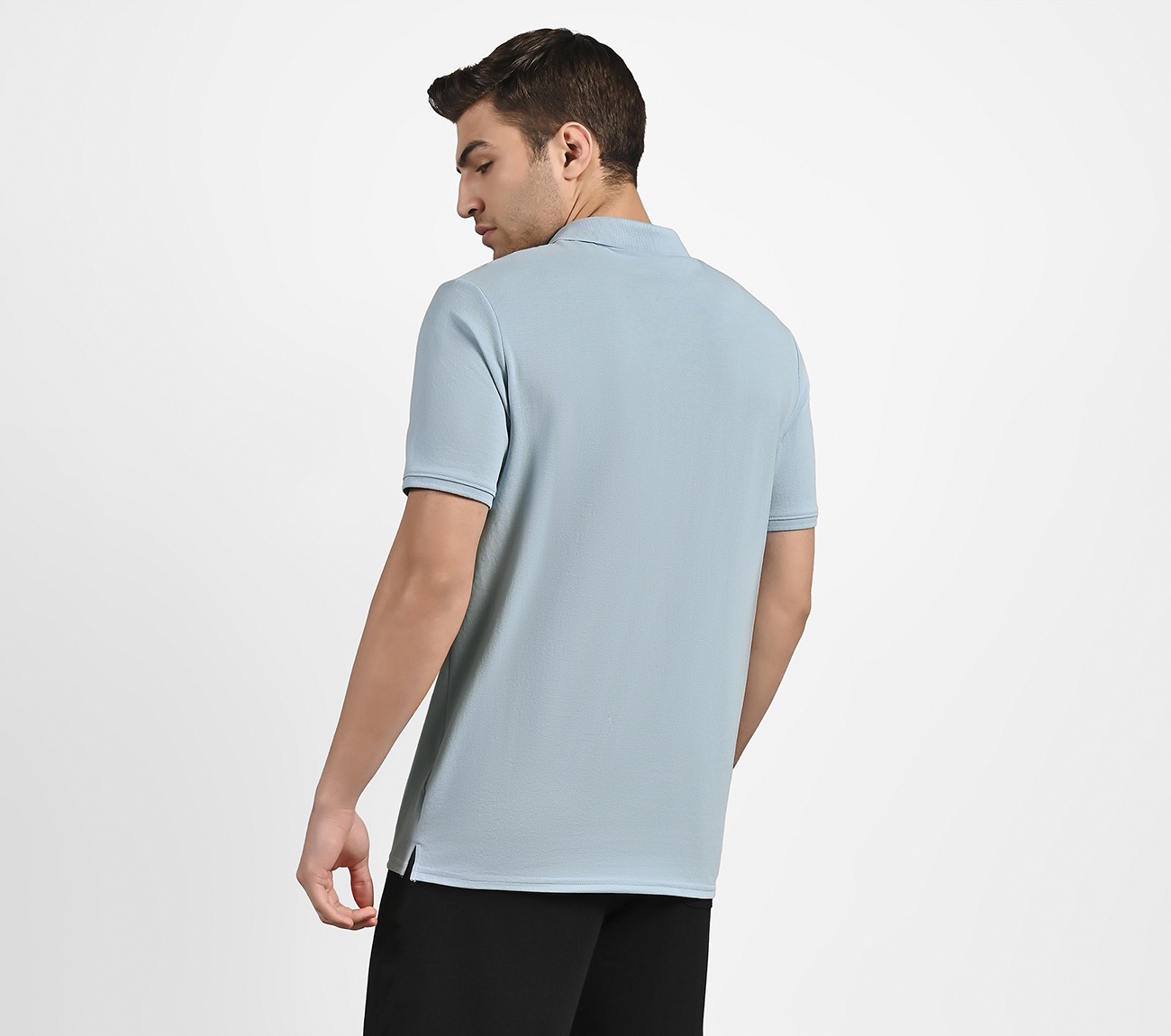 BRANDED DOUBLE PLACKET POLO, CHARCOAL/LT. BLUE Apparel Left View