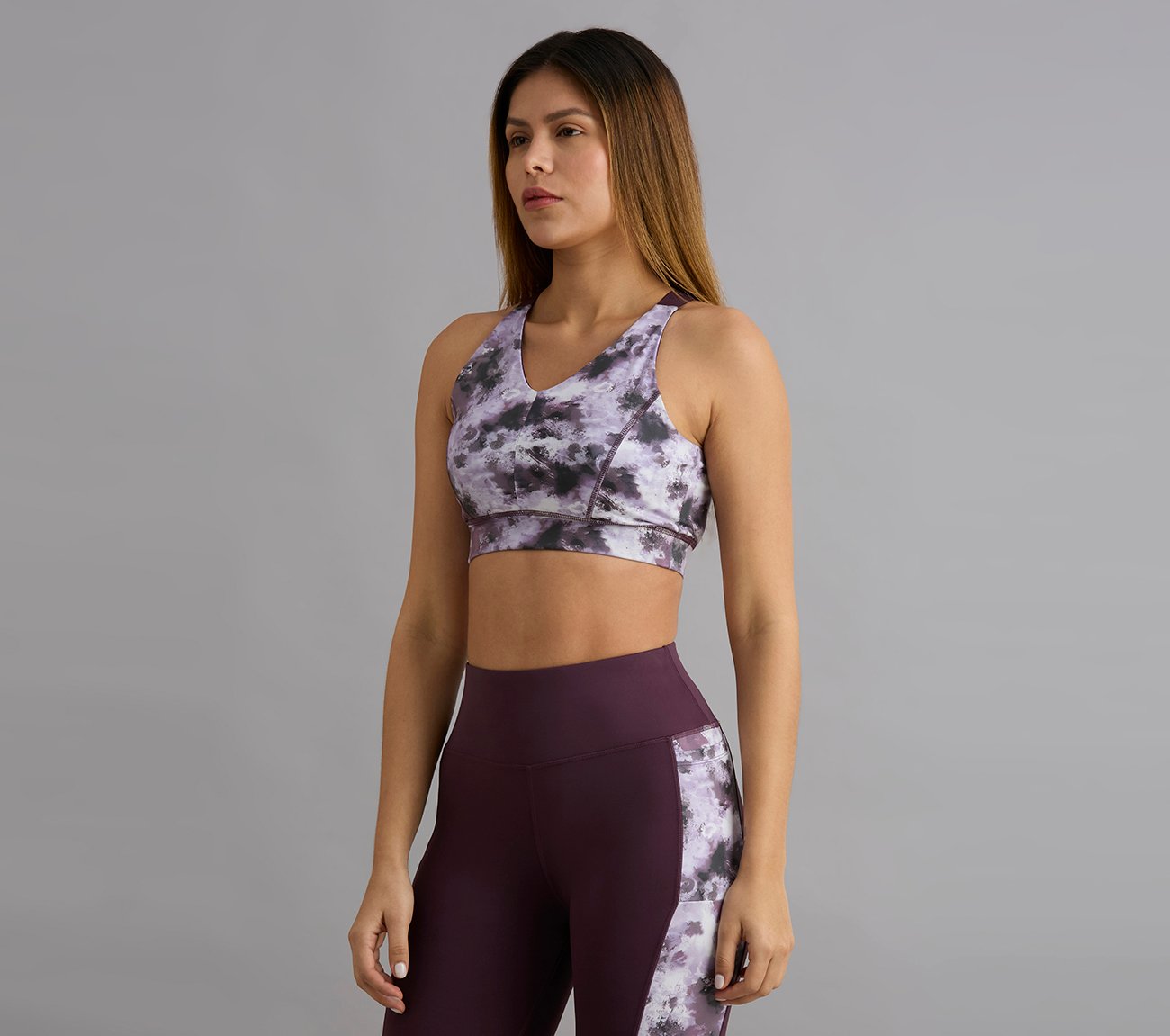 HIGH IMPACT AOP SPORTS BRA, WHITE/TURQ/PURPLE