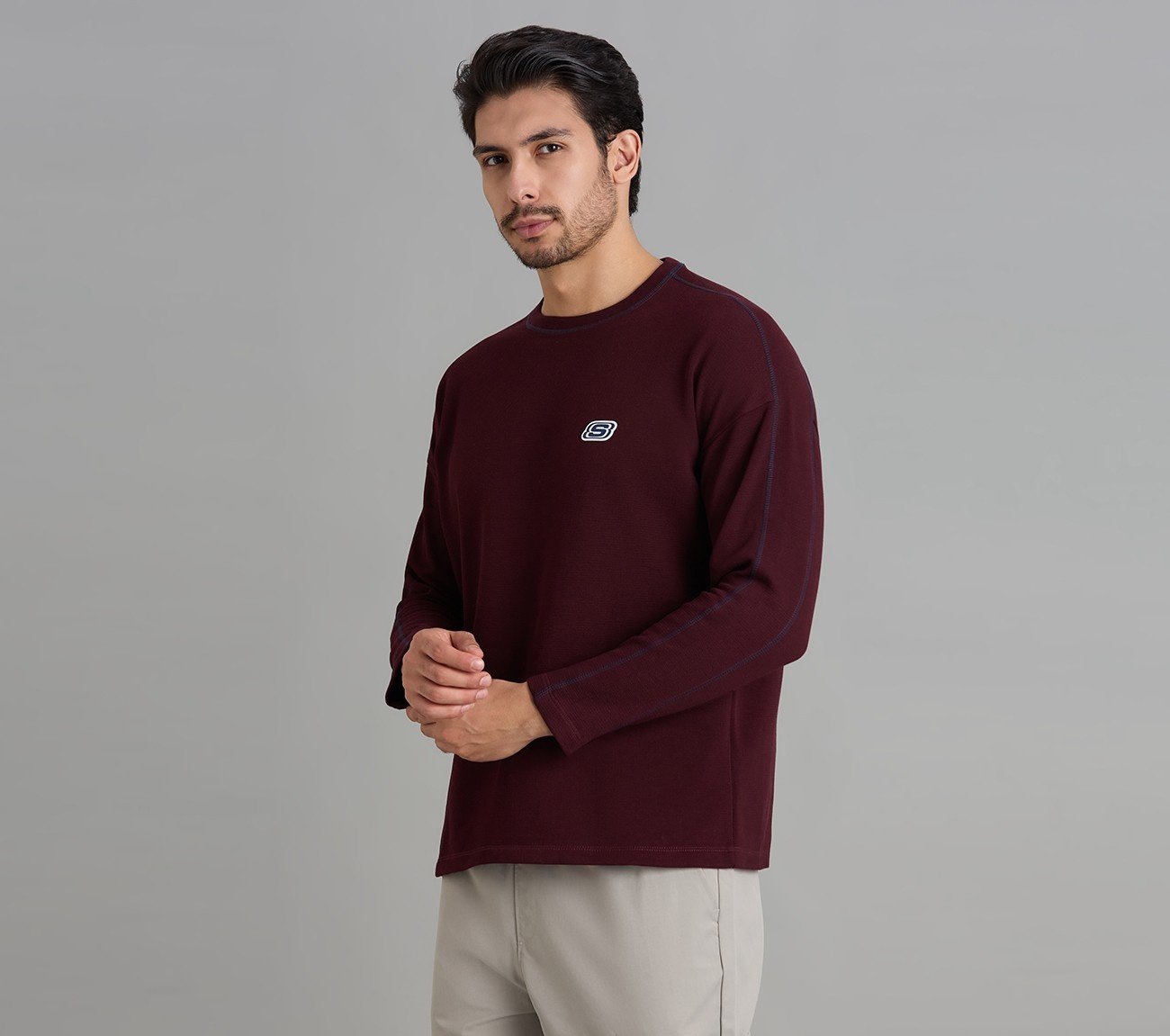 OVERSIZED CONTRAST FLATLOCK TEE, BURGUNDY/PINK