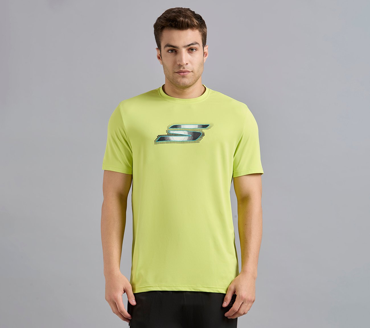 SKECHERS NEWSPRINT LOGO TEE, MINT/YELLOW Apparels Lateral View