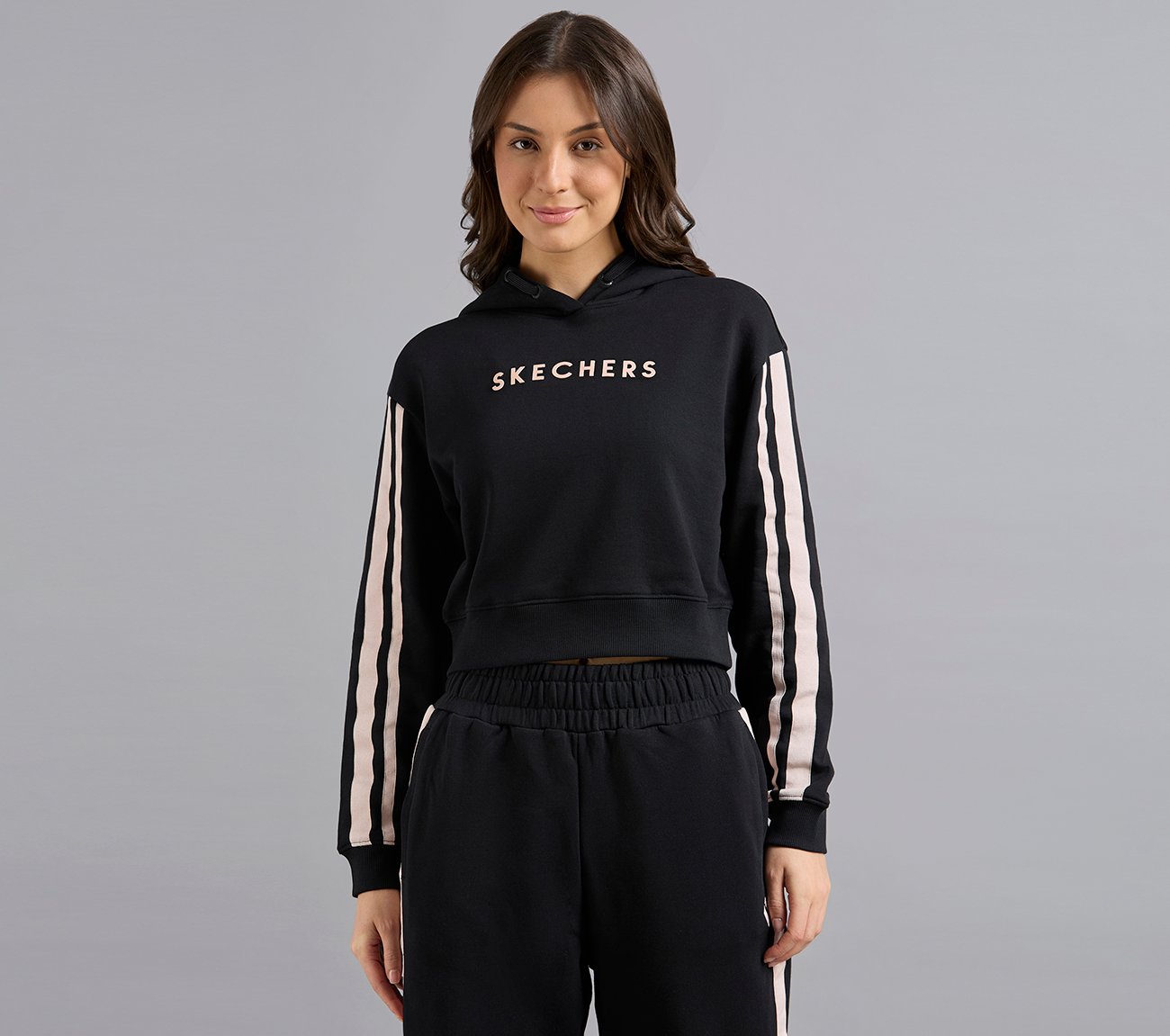 CONSTRAST TAPE HOODED SWEATSHIRT, BLACK Apparels Lateral View